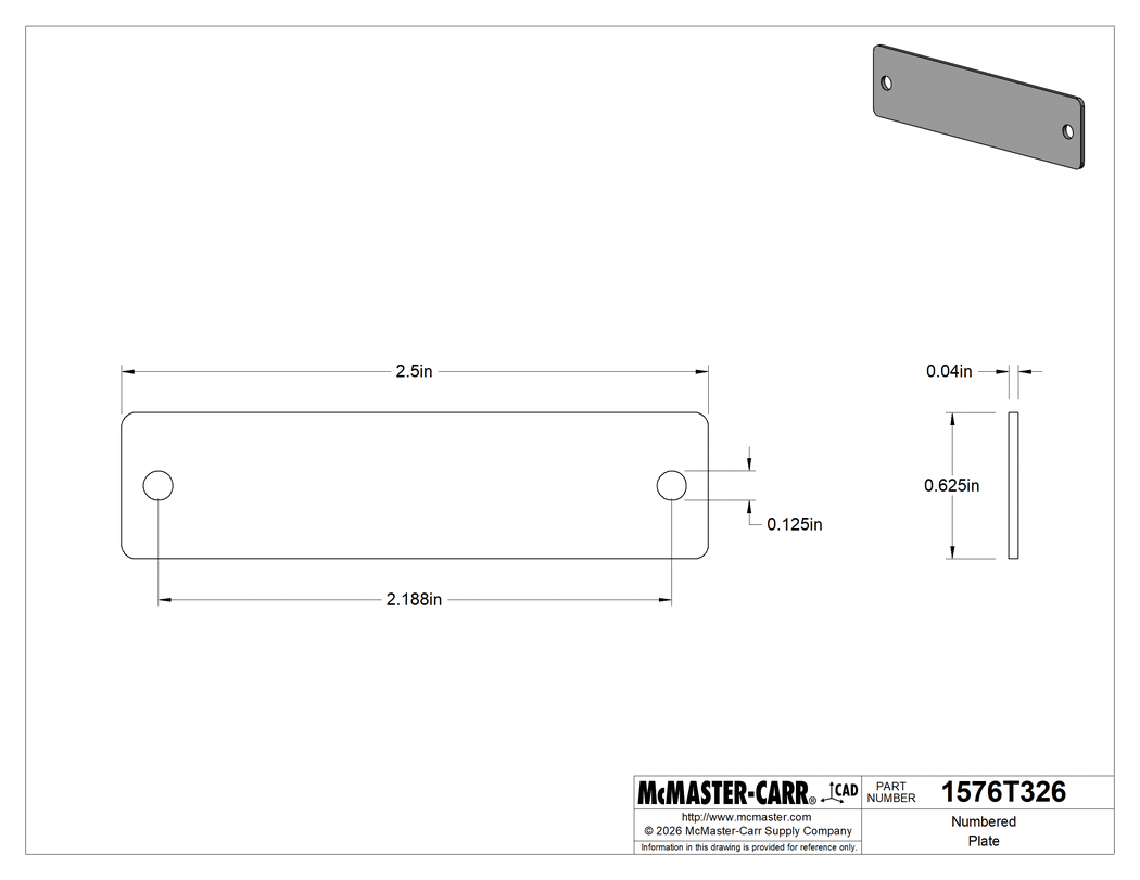 Technical Drawing of Numbered Plate, with Letters, 304 Stainless Steel, 5/8" High x 2-1/2" Wide.
